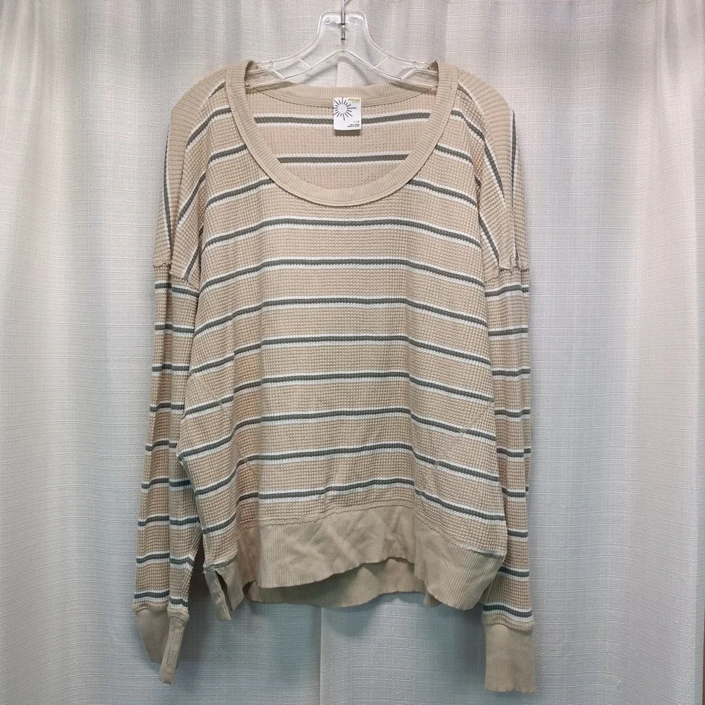 Offline By Aerie Womens L Beige Green Striped Oversized Pullover Sweater Casual